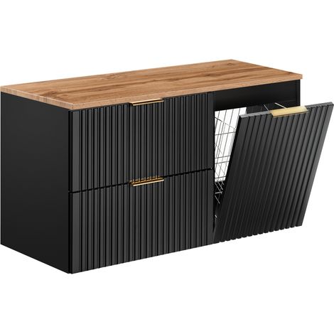 Furnidea - Meuble suspendu sous vasque ADEL NOIR 100 cm avec panier à linge et plan chêne - 2 tiroirs - Façades rainurées (1/5)