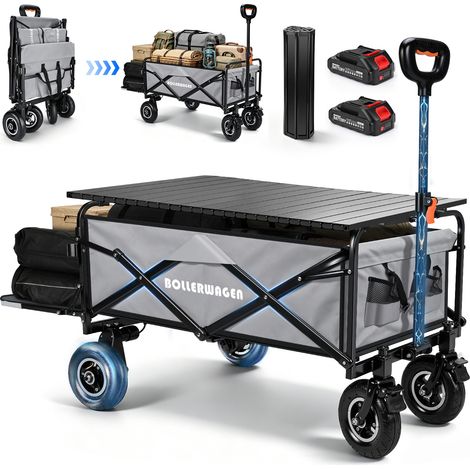 240L Chariot Électrique Pliable 2x50W Charge 80kg Électrique /120kg Manuel avec Plateau Table 84×53cm Pneus Gonflables Cadre Acier Renforcé Poignée Réglable Compatible Makita 14,4V pour Camping Jardin (1/5)