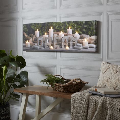 Toile à LED Bougies Dream 30 x 90cm – Toile tendue sur MDF – Lampes LED avec interrupteur – Décoration murale beige et gris – Art For The Home