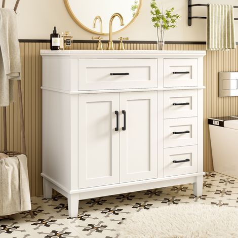 Mueble de baño con lavabo integrado 91 x 46,5 x 86,4 cm blanco y negro OKMYHOME (1/5)