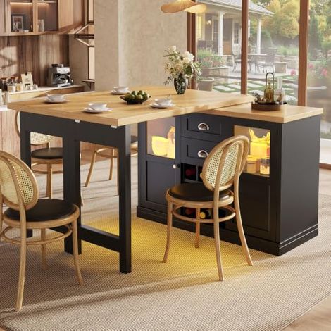 Table extensible pivotante 360° avec rangements, porte-bouteilles 9 bouteilles, meuble de cuisine multifonction avec éclairage LED, 120 à 197 cm,Noir