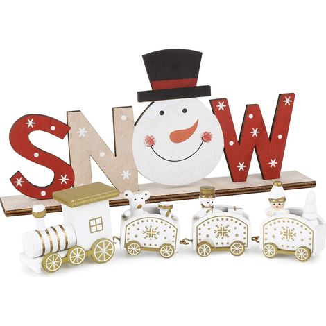 QAZQA Train de Noël en Bois Lettre en Bois Ornement Bois Decoration Noël Table de Noël Boule de Noël Lettre Snow Bonhomme de Neige Cadeau Jouets Fenêtres Vitre Décoration (Blanc + Snow) (1/5)