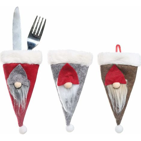 Porte Couverts de Noël Sac Fourchettes Couteau Noël Decoration de Table Bonnet de Noel Fourchette Cuillère Couteau Poches Sacs de Vaisselle pour Décoration de Cuisine 3 Pièces - Marron, Rouge, Gris - (1/5)