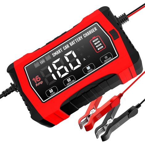 Chargeur de batterie de voiture 16 A 12 V 16 A 24 V 10 A LiFePO4 - Chargeur de batterie au plomb (AGM/gel/SLA, etc.) - Chargeur de batterie - Écran LCD - Convient pour motos, bateaux (1/5)