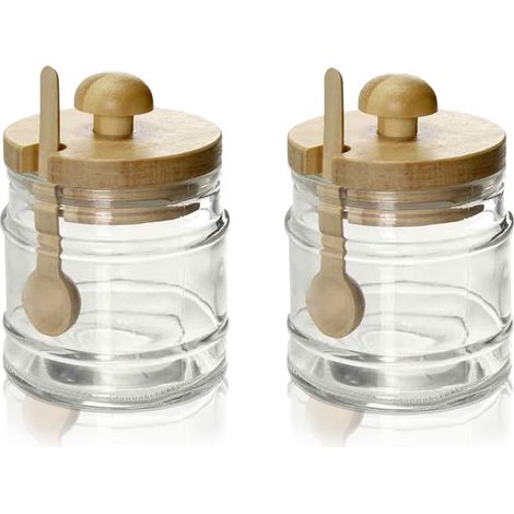 2 BARATTOLI DA CUCINA IN VETRO CON CUCCHIAIO E TAPPO IN LEGNO 8X11CM CAPIENZA 300 ML (1/2)