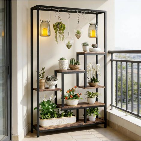 Estantería para plantas de 7 niveles y 6 ganchos S, 100 x 30 x 180 cm, metal, negro/marrón (1/5)