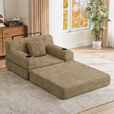 Sofá cama de 1 plaza (107x80x81 cm), con respaldo alto, 4 bolsillos laterales, 2 portavasos, corduroy, caqui (1/5)