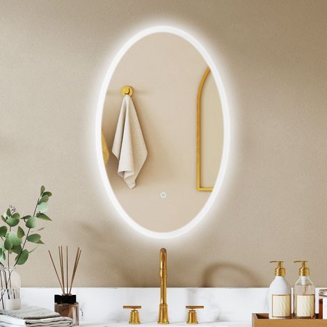 Miroir salle de bain avec éclairage, 80 x 50 cm, miroir LED ovale, antibuée, 3 couleurs de lumière, réglable en luminosité, transparent