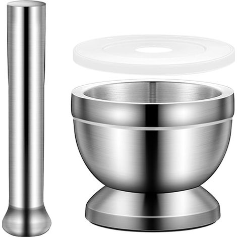 Mortier et pilon de cuisine en acier inoxydable 304 (diamètre de 12 cm) matériau résistant à la rouille avec finition lisse, couvercle en PE et base antidérapante en EVA. (1/5)