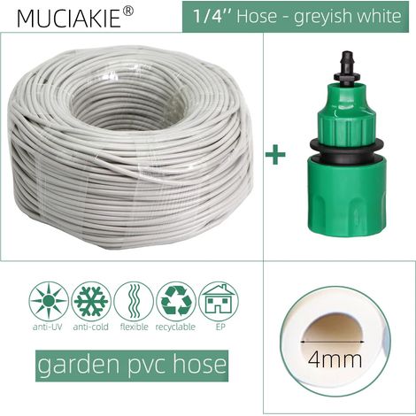 Tuyau d'arrosage gris-blanc, 6,35 mm (1/4 po), 25 m (82,02 pi) avec raccord rapide pour micro-irrigation goutte à goutte, tuyau en PVC neuf de 6,35 mm (1/4 po).