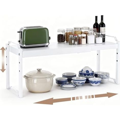 Étagère de comptoir de cuisine extensible 32-53 cm, étagère de rangement robuste, blanc, réglable en hauteur (3 niveaux) pour placard et bureau. (1/5)