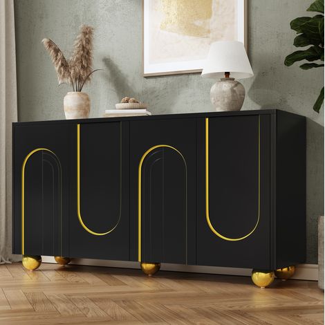 Buffet 4 portes avec décor lignes dorées, 140 x 40 x 74 cm, noir OKMYHOME (1/5)
