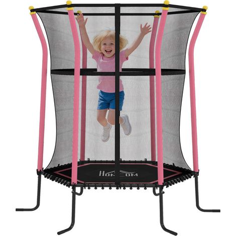 Trampoline pour enfant Ø 1,63 x 1,9 m filet de sécurité porte zippée 6 poteaux rembourrés inclus rose noir