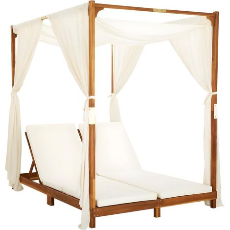 Transat chaise longue bain de soleil lit de jardin terrasse meuble d'extérieur double avec rideaux et coussins bois d'acacia (1/5)