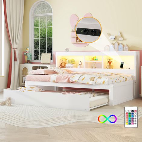 Canapé-lit, méridienne, 90 x 200 cm, avec éclairage LED, compartiment de rangement côté lit, lit gigogne, prise électrique + USB, sans matelas, blanc (1/5)
