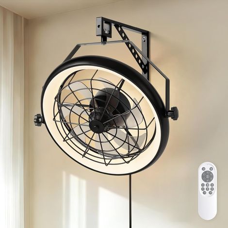 40cm Wall Mount Fan with Light, 6 Speeds, 3CCT Dimmable, Remote Control, Timer, 360° Adjustable for Garage Patio, Black (1/5)