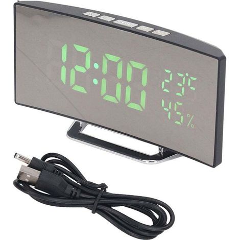 Crezuo LED-Digitaluhr mit 3 Helligkeitsstufen, Schlummerfunktion, USB-Batteriebetrieb, elektronischem Spiegelwecker mit Temperatur- und Feuchtigkeitsanzeige, grünem Licht