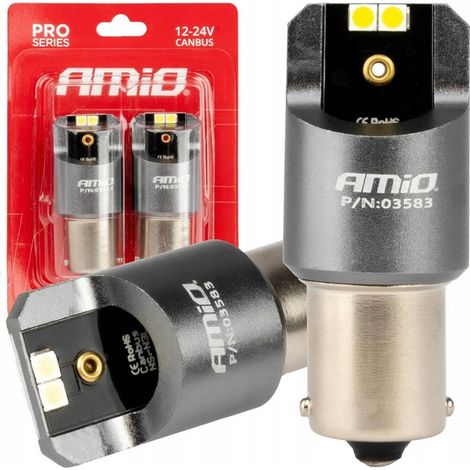 Lampadine LED Canbus serie PRO BA15S P21W 4x3030 SMD bianche 12V 24V amio-03583 (1/5)