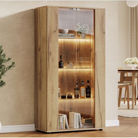 Vitrine mit 2 Glastüren, 4 Einlegeböden und dimmbarer LED-Beleuchtung, Natur, 80 x 36 x 150,5 cm (1/5)