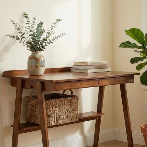 Scrivania in legno 120x60 cm con 2 cassetti, ripiano portaoggetti e ganci laterali, noce (1/5)