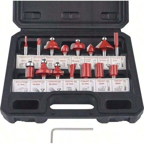 Lot de 15 Fraises à Défonceuse 6,35 mm avec Queue 1/4", Embouts au Carbure pour Travail du Bois et Usinage (1/5)