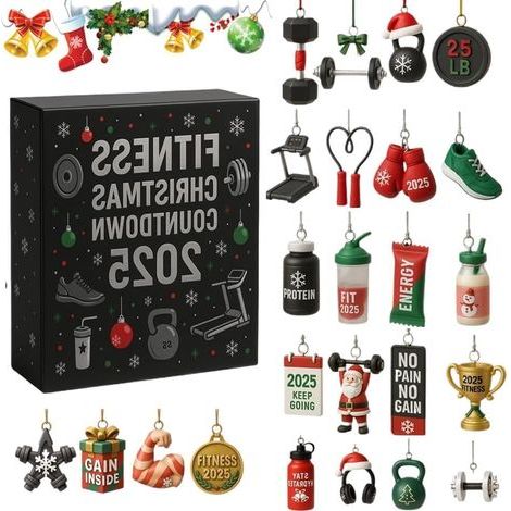 Calendrier de l'Avent 2025-24 jours sur le thème du fitness avec ornements à suspendre en acrylique 2D (équipement de Noël), décoration festive pour les amateurs de fitness, fêtes d'hiver et maison (1/5)