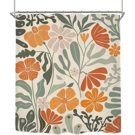 Ensemble rideau de douche vert sauge et orange - Rideau de douche imprimé - Motif floral - Imperméable - Polyester - 180 x 180 cm - Comprend 12 crochets jaunes (1/5)
