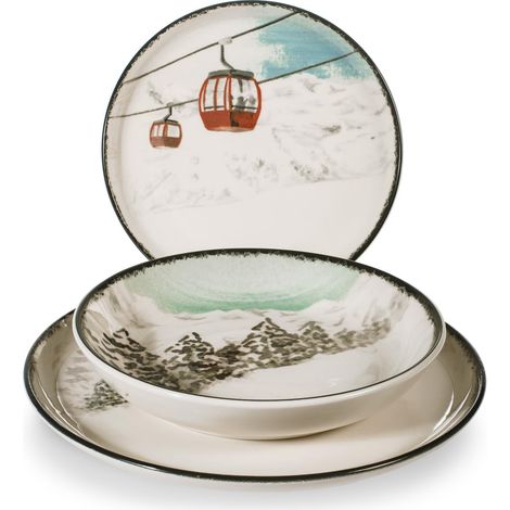 H&H, Servizio da Tavola Winter Escape, Set Completo 12 Pezzi in Stoneware, 4 Coperti, Piatti per case in Montagna, Natale, Adatti a Lavastoviglie e Microonde