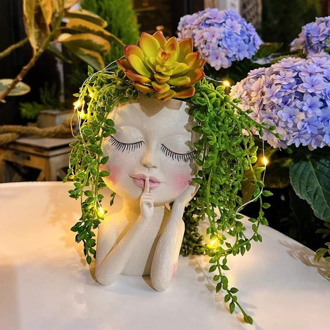 Pot de fleurs en forme de tête de visage, solaire, pour plantes succulentes, cactus, avec guirlande lumineuse LED avec trou de drainage, en résine étanche, yeux fermés, pour femme, décoration de (1/5)