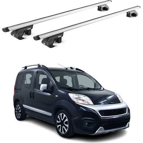 OMAC Barres de toit aluminium certifiées TÜV pour Fiat Fiorino / Qubo 2008-2017 – Pour rails de toit standards – Rainure en T – Charge max 90 kg – 2 antivols Argent (1/4)