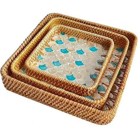3 plateaux de service carrés, incrustation nacre, tissage artisanal, décoration intérieure et présentation collations