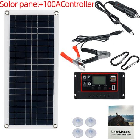 ZOLGINAH Panel solar monocristalino de 10 W 18 V con controlador de carga solar de 100 A + clip de cocodrilo impermeable para coche, RV, barco, techo, autocaravana (1/5)