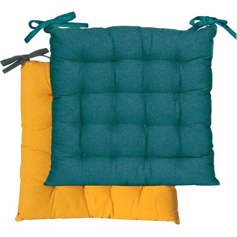 Galette de Chaise carrée Bicolore 40x40cm, Bleu Canard/Moutarde (1/5)