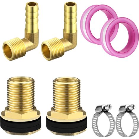 Raccords de Réservoir en Laiton 2 PCS Passages de Réservoir en Laiton 1/2" Extérieur 3/8" Intérieur, avec 304 Colliers de Serrage, pour Robinets, Seaux et Réservoirs d'eau (1/5)