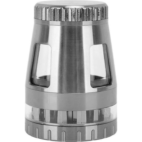 Moulin à épices manuel portable en alliage de zinc inoxydable, broyeur à herbes sèches et noix, gris argenté, petit format compact. (1/5)