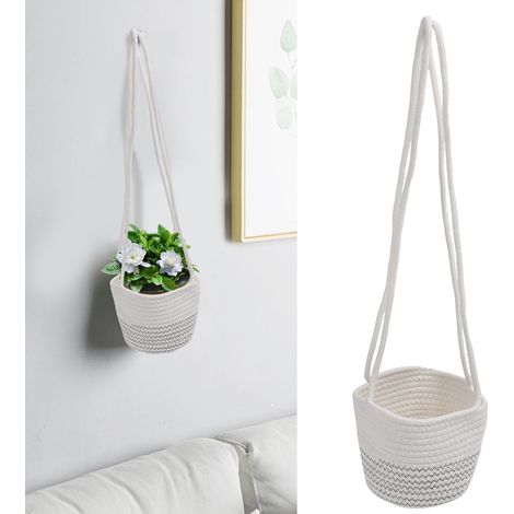 Panier suspendu en coton et jute - Porte-plante durable organisateur de rangement décoratif pour maison - Diamètre 19cm hauteur 17cm couleur blanc (1/5)