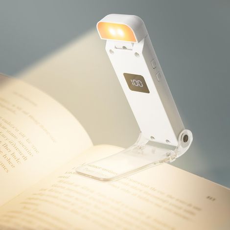 Leselampe mit Klemme, faltbare LED-Buchleuchte, 3 Farbtemperaturmodi, 5 Helligkeitsstufen, USB-C wiederaufladbar, digitale Batterieanzeige, 30/60-Minuten-Timer