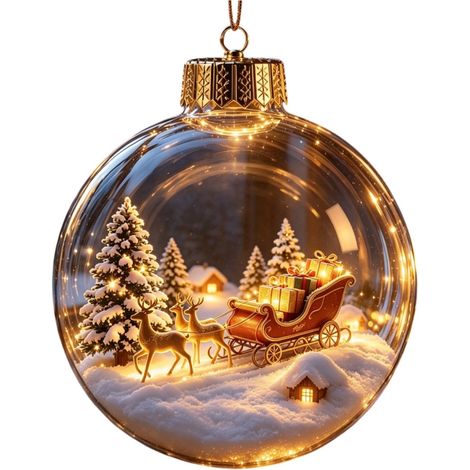 Boule à neige de Noël en acrylique avec lumière LED, scène de traîneau de rennes enneigée, décoration à suspendre pour sapin de Noël de style américain (1/5)