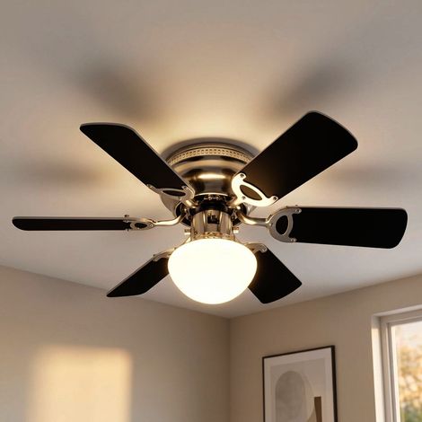 Ventilatore da soffitto Lampada da soffitto Lampada da soggiorno Ritorno in avanti, pale reversibili Interruttore a strappo, vetro nichel opaco, 1x E27, DxH 76 x 28 cm (1/5)