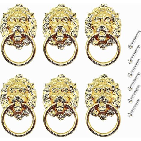 Lot de 6 poignées de tiroir tête de lion, poignées dorées avec vis, style antique, pour commode, armoire ou boîte à bijoux.