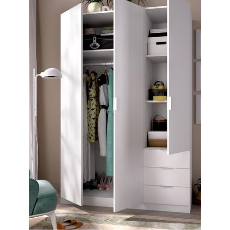 Befara – Armoire 3 portes 3 tiroirs – Mélamine 15 mm – Dimensions 121 x 52 x 180 cm – Espace de rangement pratique pour vêtements et accessoires
