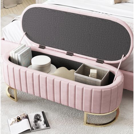 Banc coffre 120x39,9x43 cm rose – rangement intégré, tissu velours et pieds en métal MEUBLIV (1/5)
