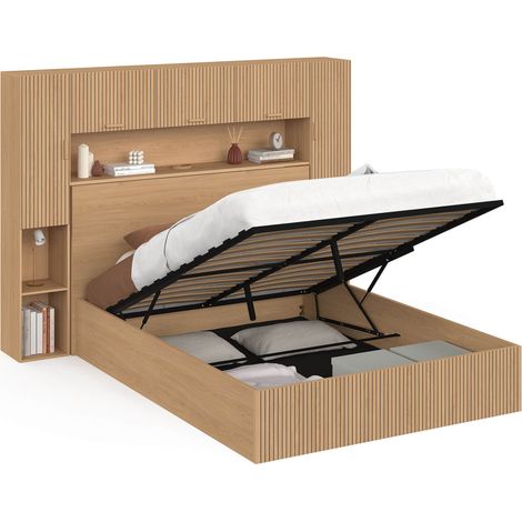 Lit pont coffre double JULIETTE armoire avec rangements et sommier 140 x 190 cm effet lattes tasseau de bois (1/5)