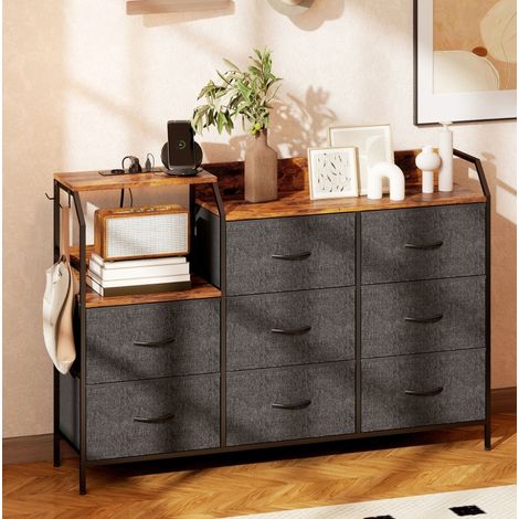 Commode à 8 tiroirs marron rustique en tissu avec structure en acier et station de charge (1/3)