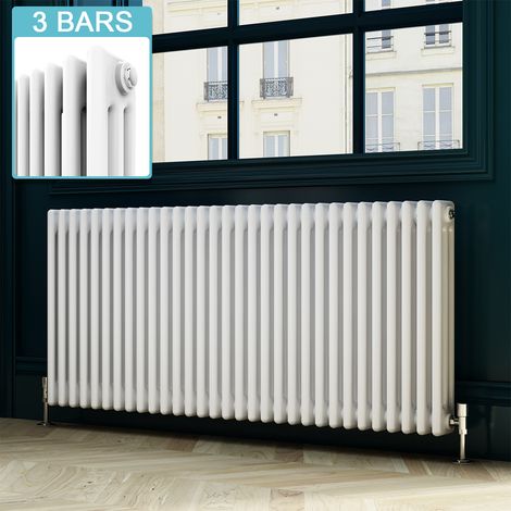 ELEGANT 600 x 1400 mm Traditional Rads Cast Iron Style Horizontal Radiator White Triple Horizontal Column Radiators 3 Column + Anthracite Thermostatic Radiator Valves (1/5)