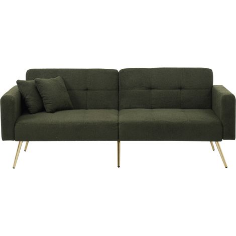 Sofá cama convertible verde oscuro con patas doradas, cojines y bolsillos laterales (1/5)