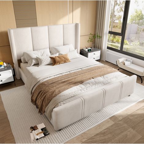 Cama tapizada 160x200 con USB y cabecero alto beige OKMYHOME (1/5)