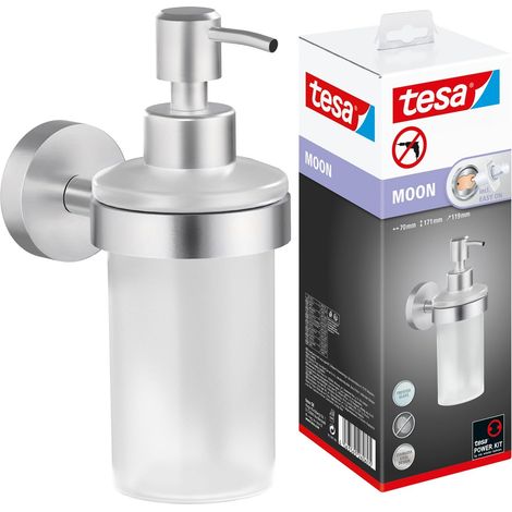 TESA MOON DISTRIBUTEUR DE SAVON LIQUIDE MURAL, ACIER INOXYDABLE LOOK, ADHÉSIF, TECHNOLOGIE SANS PERCER, 109 MM X 70 MM X 156 MM