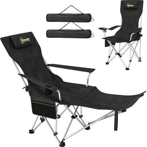 Set aus 2 klappbaren Campingstühlen mit Fußstütze, Tragetasche, Getränkehalter und Kopfstütze, schwarz