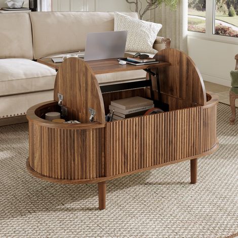 Table basse ovale ajustable vintage avec espace de rangement, meuble de salon multifonction, pieds en bois massif, table à café réglable pour séjour moderne. (1/5)